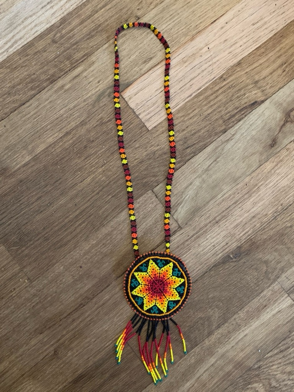 Handmade Beaded Star Pendant Necklace in Yellow, Red & Black